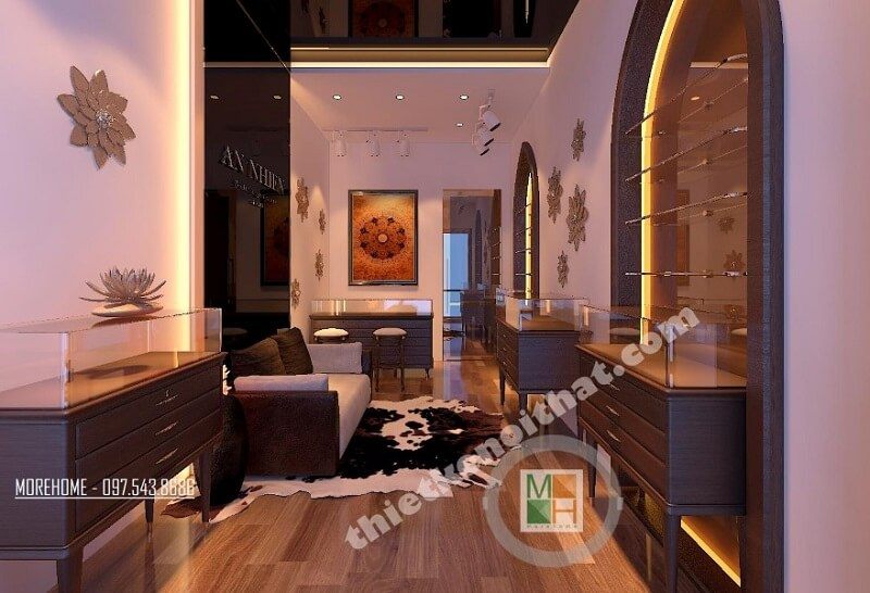 Showroom đá phong thủy An Thiên được trang trí với những sản phẩm nội thất gỗ cao cấp và ốp sàn cùng tông màu nâu trầm nhất làm nổi bật vẻ đẹp của nó.